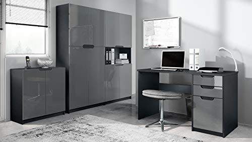 Vladon Büromöbel Arbeitszimmer komplett Set Logan, Made in Germany, Korpus in Schwarz matt/Fronten in Grau Hochglanz 0