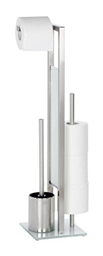 WENKO Stand WC-Garnitur Rivalta, mit integriertem Toilettenpapierhalter und WC-Bürstenhalter, in rostfreier Edelstahl-Qualität, 23 x 70 x 18 cm, Silber matt