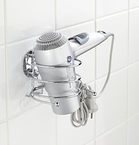 WENKO Turbo-Loc® Haartrocknerhalter, Föhnhalterung fürs Badezimmer, mit Kabelhalter, Befestigung ohne bohren, aus verchromtem Stahl, 14 x 7,5 x 11,5 cm 1