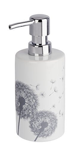 WENKO Seifenspender Astera, nachfüllbarer Dosierer mit Pumpkopf für Flüssigseife, Lotion oder Spülmittel, aus hochwertiger Keramik mit natürlichem Pusteblumen Design, 8,5 x 18 x 7 cm, weiß