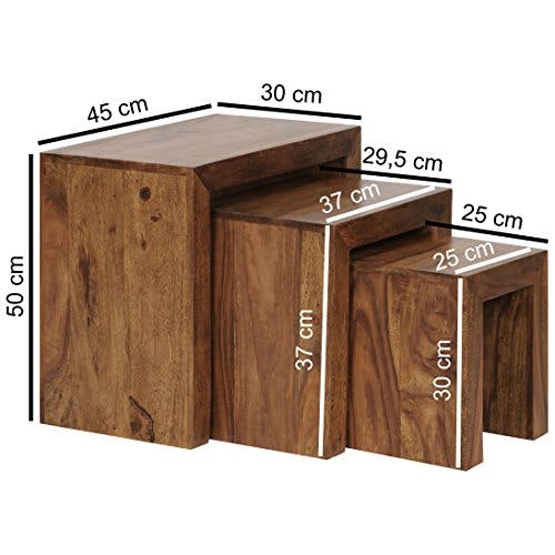 Wohnling 3er Set Satztisch Massiv-Holz Sheesham Wohnzimmer-Tisch Landhaus-Stil Beistelltisch dunkel-braun Naturholz 1
