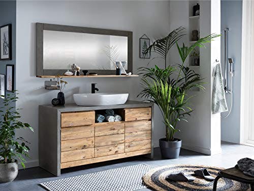Woodkings® Badset, 2teilig, Waschtisch mit Spiegel Burnham Echtholz und Betonoptik grau Waschtischunterschrank Badmöbel Badezimmer Möbel Holz Unterschrank Badschrank