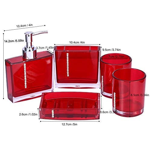 Yosoo 5-Stück Erstklassig Badezimmer Set (aus Hochwertige Acryl mit Diamanten) Bad Accessoire Set Lotion-Flaschen, Zahnbürstenhalter, Zahn-Becher, Seifenschale (Rot) 0