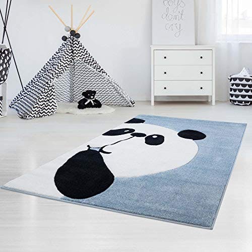 carpet city Kinderteppich Flachflor Bueno Panda-Bär in Blau mit Konturenschnitt für Kinderzimmer; Größe: 80x150 cm