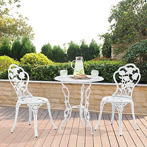 casa.pro Gartentisch Bistro-Tisch 60cm Rund Weiß mit 2 Stühlen im Antik-Look für Balko Terrasse Bistro-Set Gusseisen-Metall als Gartendeko 0