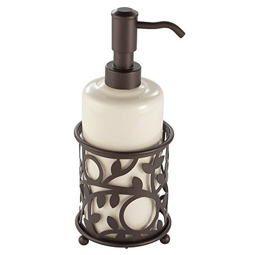 iDesign Vintage Seifenspender, Pumpspender mit 384 ml Fassungsvermögen, nachfüllbarer Seifen- und Spülmittelspender aus Keramik und Metall, beige/bronze
