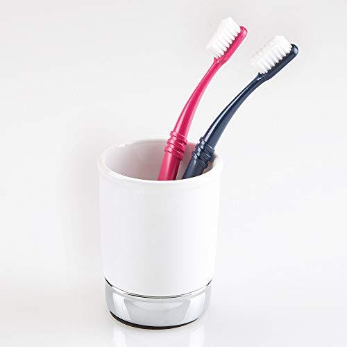iDesign rangement salle de bain, petit porte brosse à dents en céramique et métal, gobelet salle de bain pour brosses à dents, pinceaux ou maquillage, blanc/argenté 3