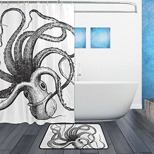 jstel Octopus schwarz und weiß 3-teiliges Badezimmer Set, maschinenwaschbar für den täglichen Gebrauch, inkl. 152,4 x 182,9 cm Wasserdicht Duschvorhang, 12 Dusche Haken und 1 anti-Teppich Carpet – Set 0