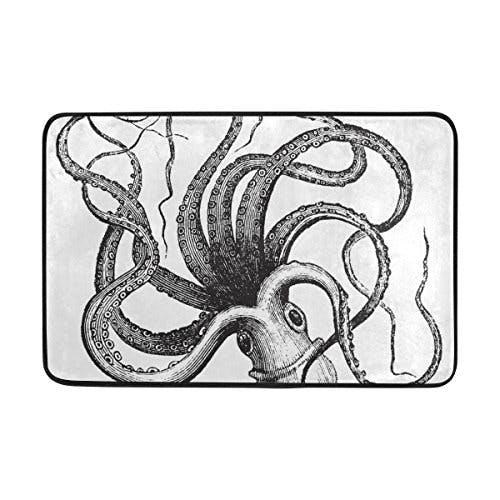 jstel Octopus schwarz und weiß 3-teiliges Badezimmer Set, maschinenwaschbar für den täglichen Gebrauch, inkl. 152,4 x 182,9 cm Wasserdicht Duschvorhang, 12 Dusche Haken und 1 anti-Teppich Carpet – Set 3