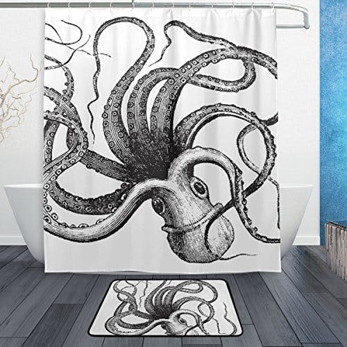 jstel Octopus schwarz und weiß 3-teiliges Badezimmer Set, maschinenwaschbar für den täglichen Gebrauch, inkl. 152,4 x 182,9 cm Wasserdicht Duschvorhang, 12 Dusche Haken und 1 anti-Teppich Carpet – Set