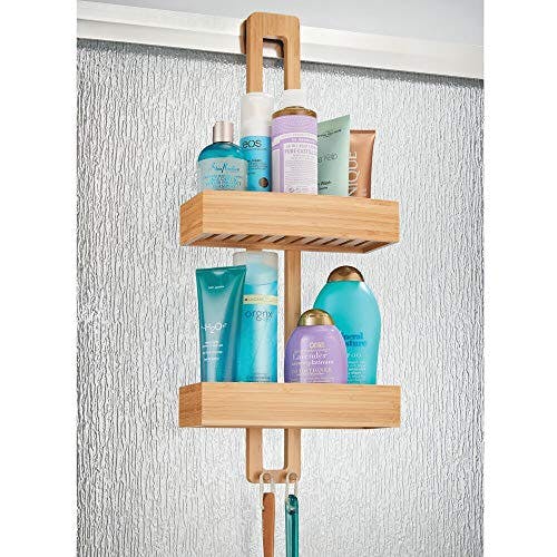 mDesign Duschablage zum Hängen – praktisches Duschregal ohne Bohren zu montieren – Duschkörbe zum Hängen aus Metall und Holz für sämtliches Duschzubehör – bambusfarben 0