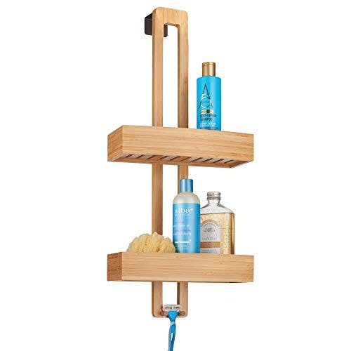 mDesign Duschablage zum Hängen – praktisches Duschregal ohne Bohren zu montieren – Duschkörbe zum Hängen aus Metall und Holz für sämtliches Duschzubehör – bambusfarben