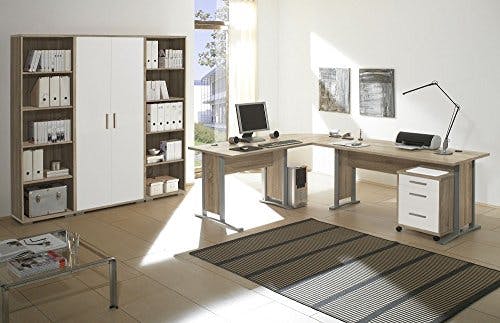 moebel-dich-auf Arbeitszimmer komplett Set Büro Büromöbel Office Line in Eiche Sonoma/Weiss Glanz 7-teilig