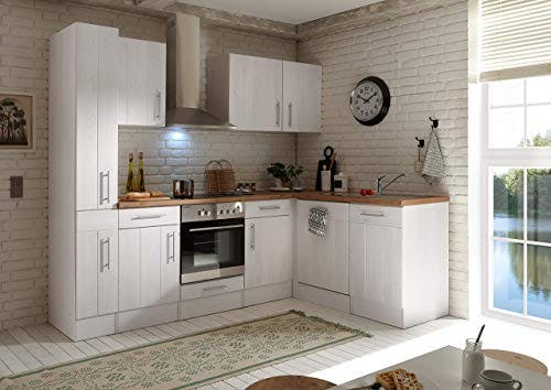 respekta Küche Küchenzeile Winkelküche Landhaus Lärche Weiß Anton 250 x 172 cm