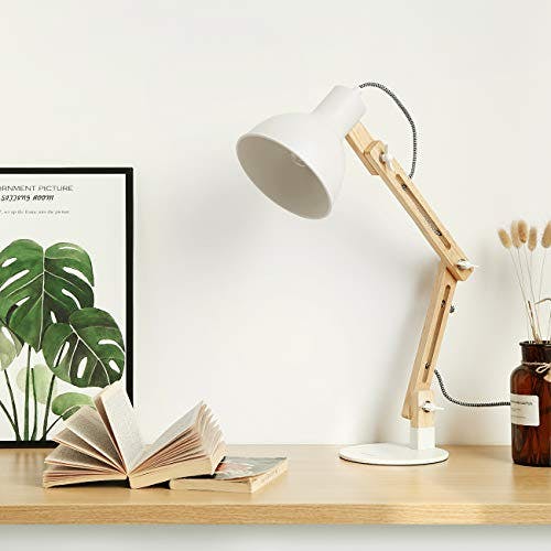 tomons Schreibtischlampe, LED Tischlampe im Klassichen Holz-Design, Nachttischlampe, Lampe mit Verstellbarem Arm, Tischlampe Wohnzimmer für Zimmer Büro, Weiß 2